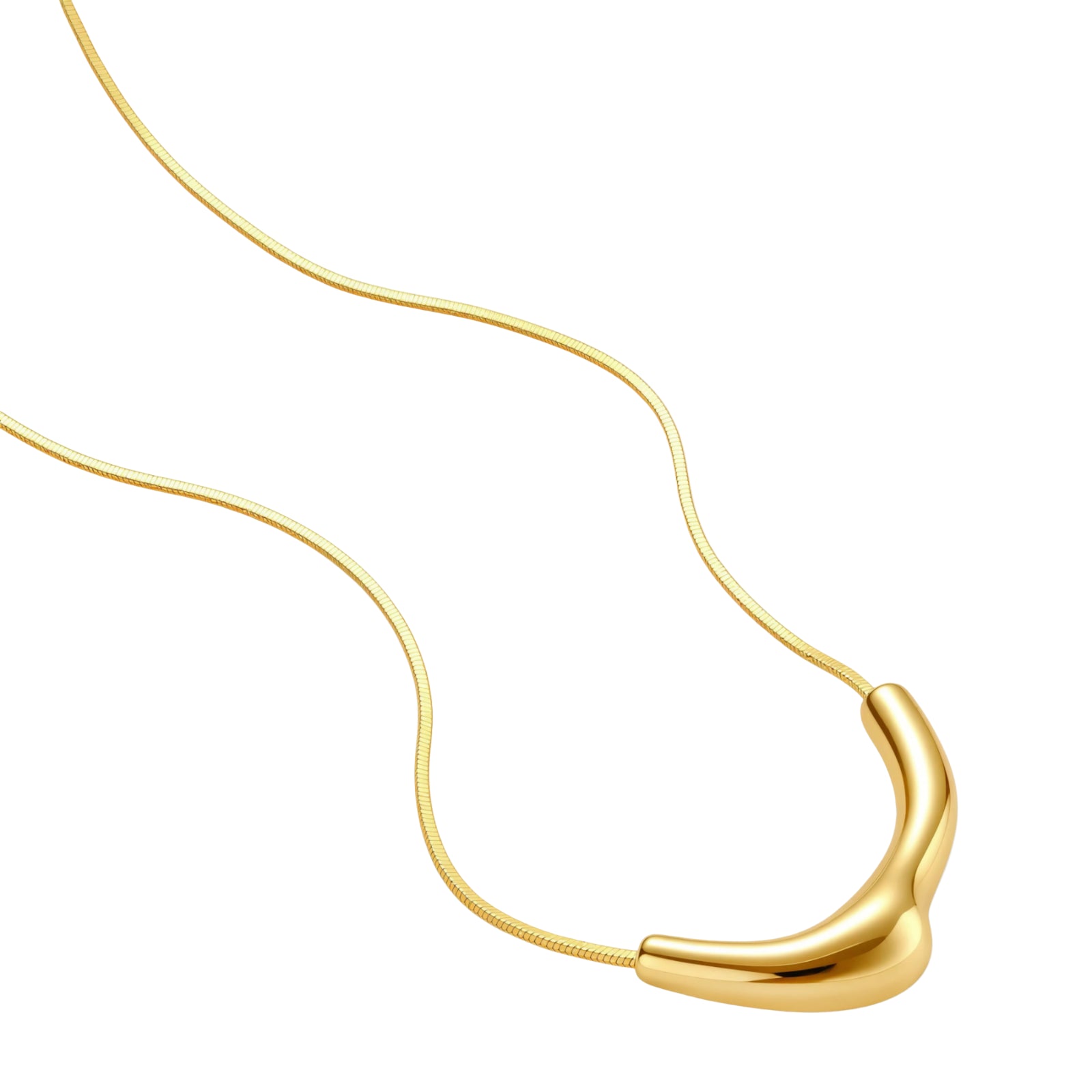 Minimalist gold-plated curved pendant necklace on delicate chain against cream background, showing adjustable length