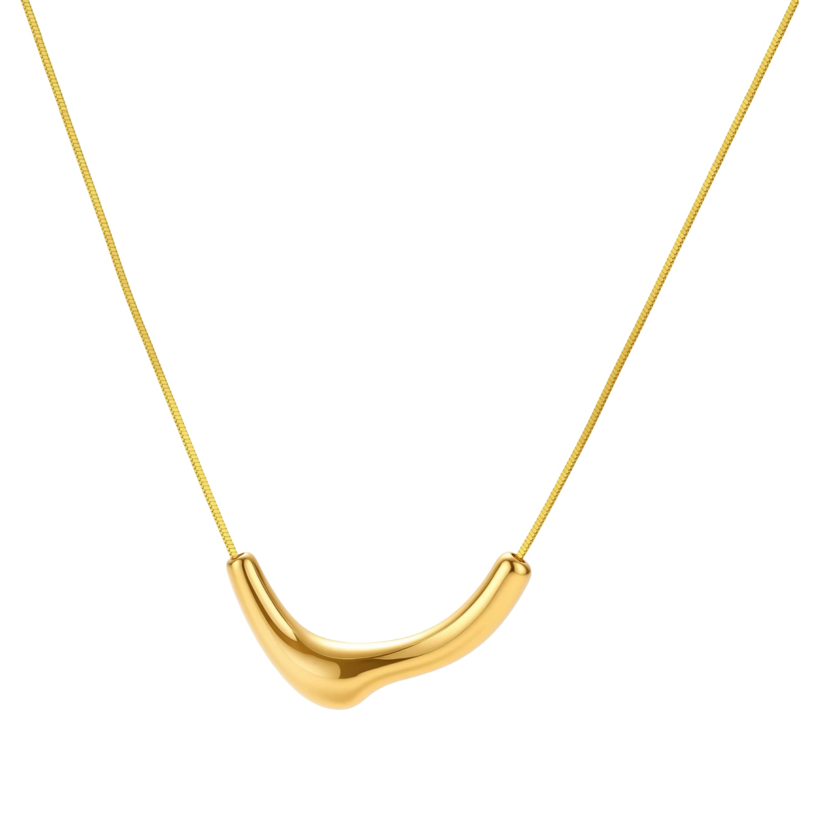 Minimalist gold-plated curved pendant necklace on delicate chain against cream background, showing adjustable length