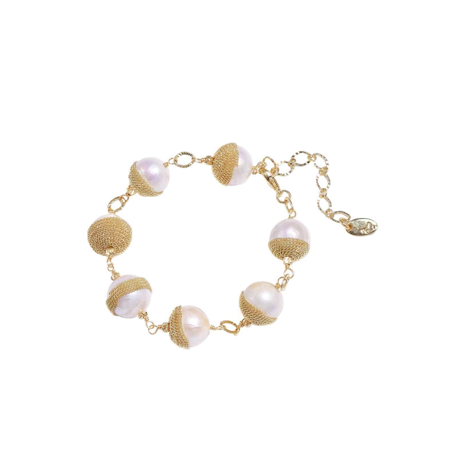 Adjustable bracelet with baroque pearls wrapped in delicate gold mesh netting connected by textured chain links