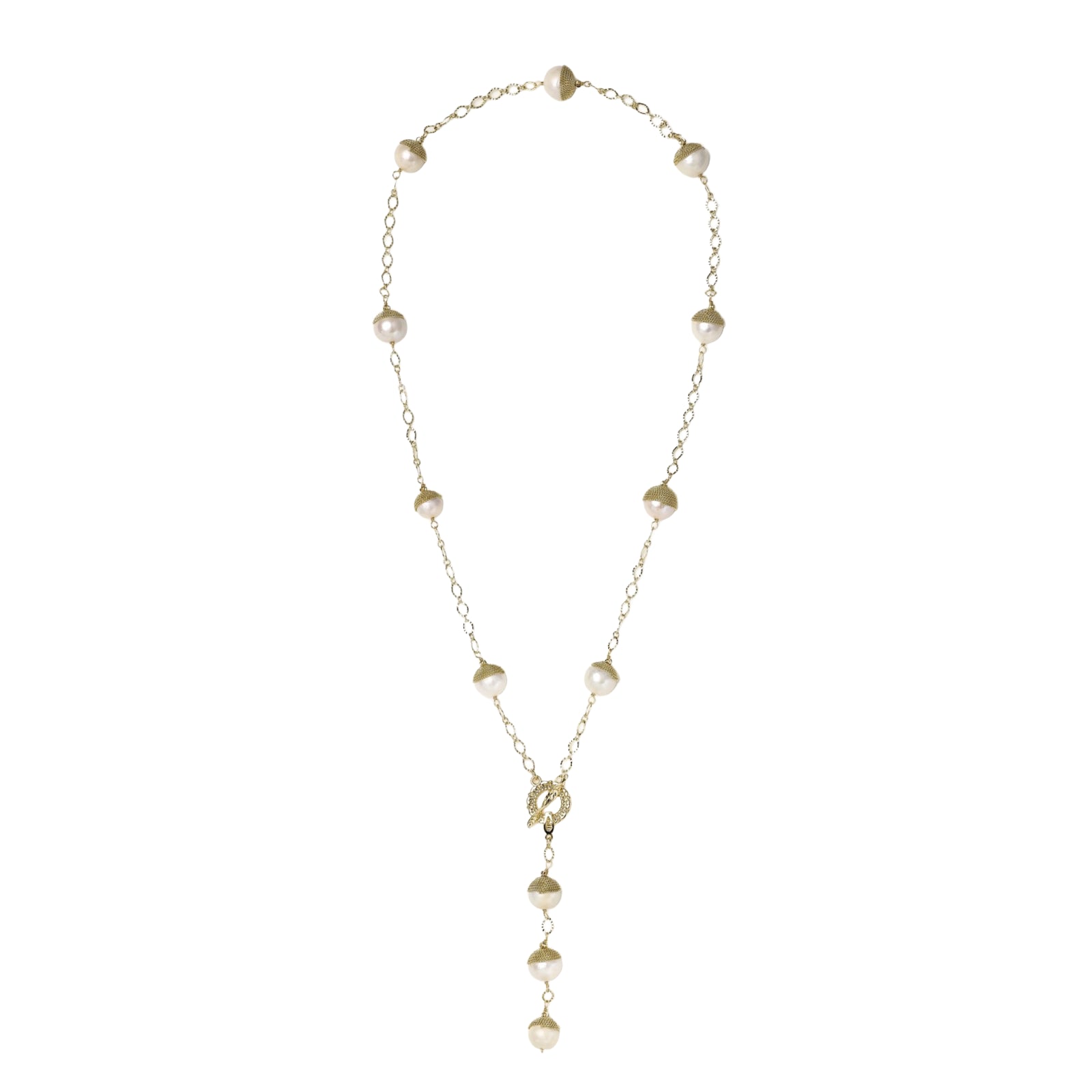 Gold-plated lariat necklace with baroque pearls and textured caps on cream background, showing adjustable Y-shaped design.