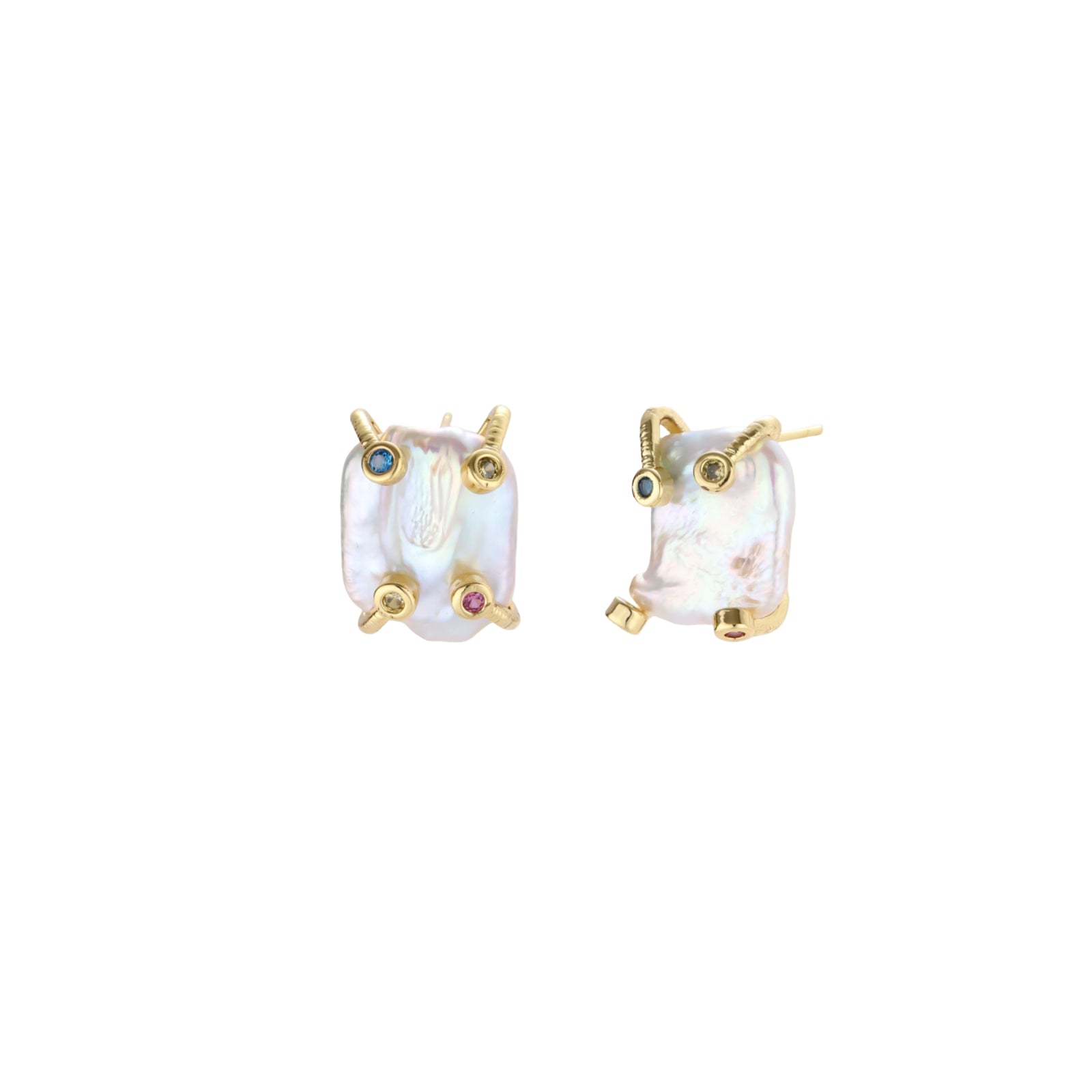 Baroque pearl studs in gold-plated prong setting with four multicolor gemstones on each corner, front and side view