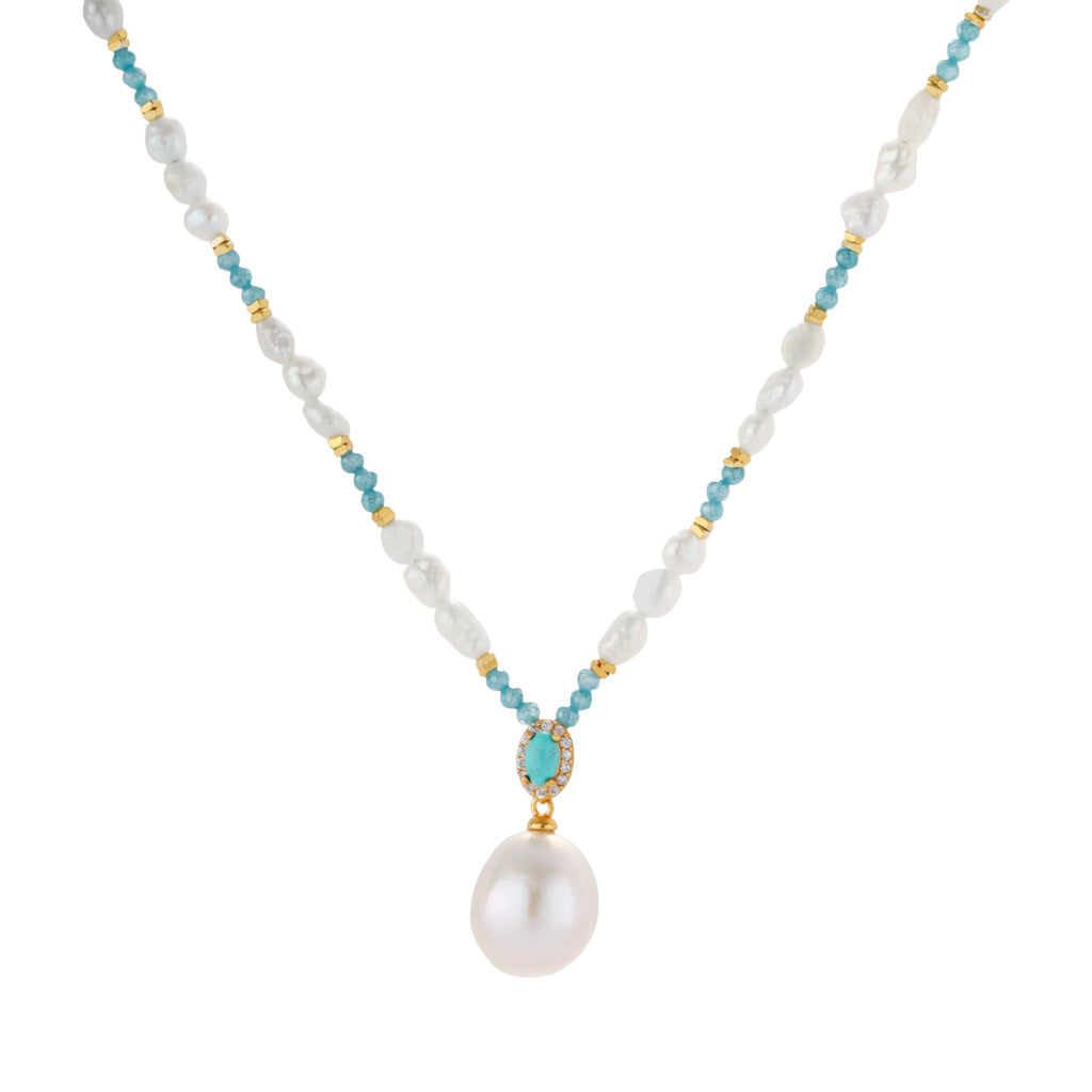 Beaded necklace with baroque pearls, turquoise stones, and gold accents featuring a large pearl pendant on white background.