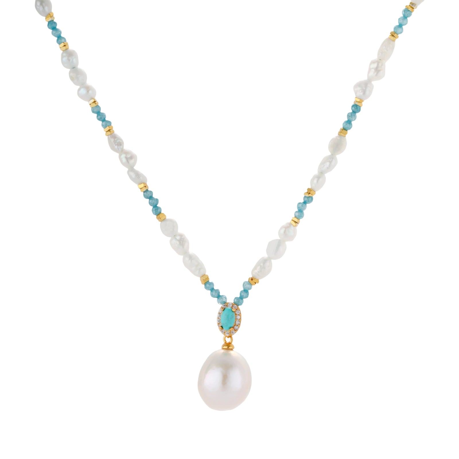 Beaded necklace with baroque pearls, turquoise stones, and gold accents featuring a large pearl pendant on white background.