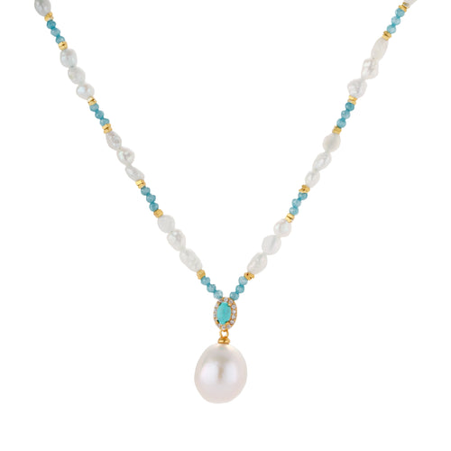 Beaded necklace with baroque pearls, turquoise stones, and gold accents featuring a large pearl pendant on white background.