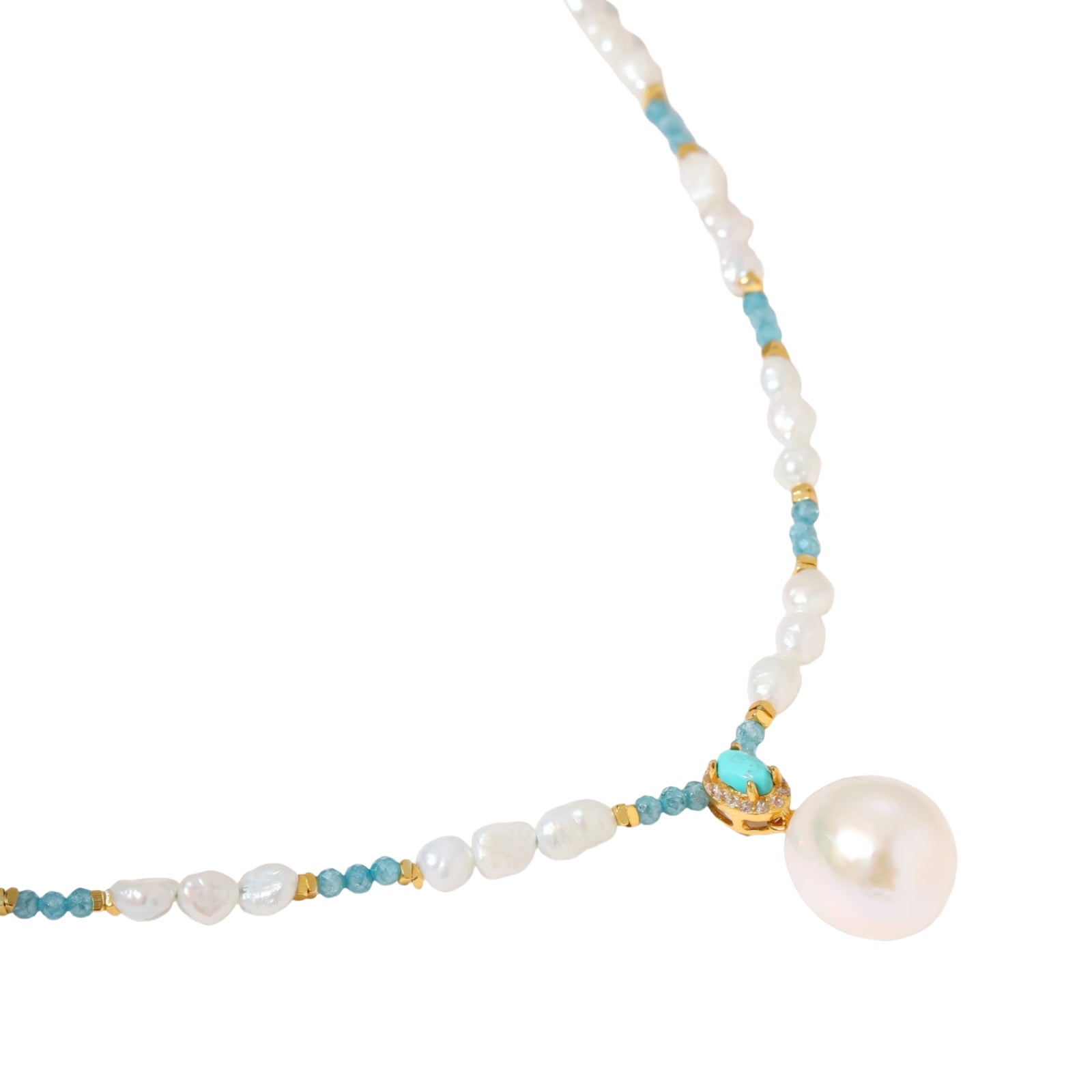 Beaded necklace with baroque pearls, turquoise stones, and gold accents featuring a large pearl pendant on white background.