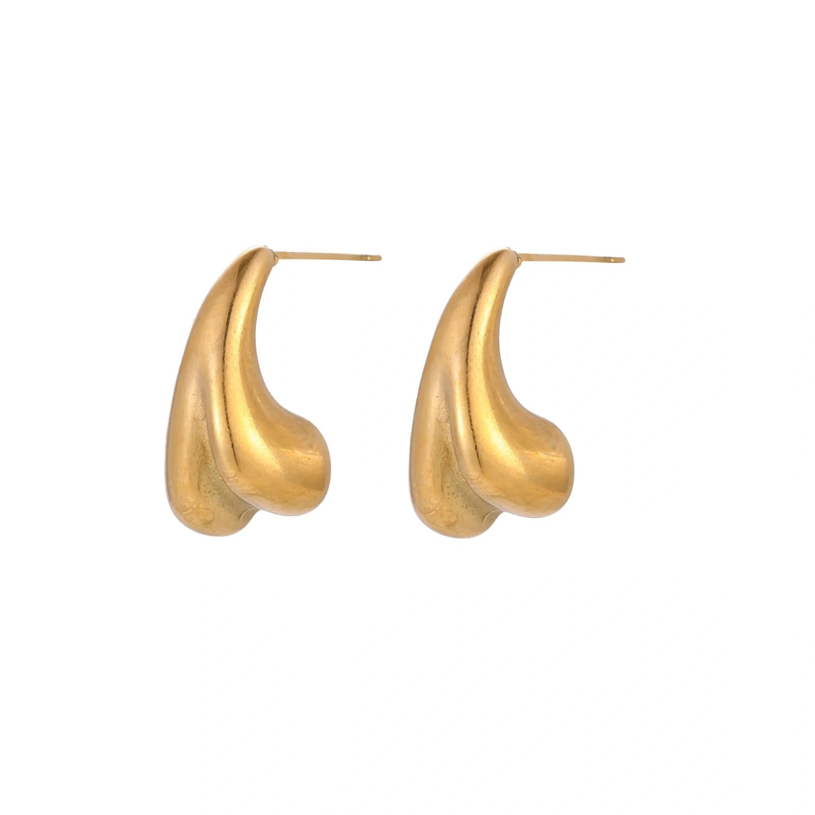 Organic sculptural gold stud earrings with fluid matte finish on cream background