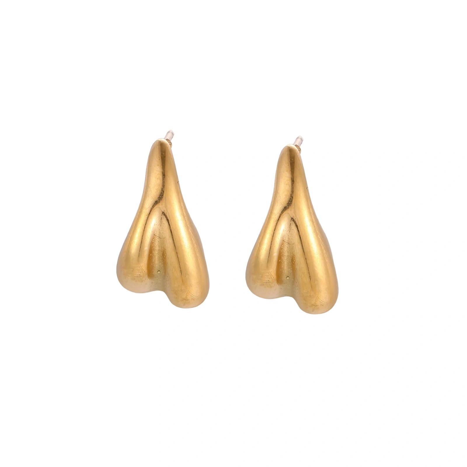 Organic sculptural gold stud earrings with fluid matte finish on cream background