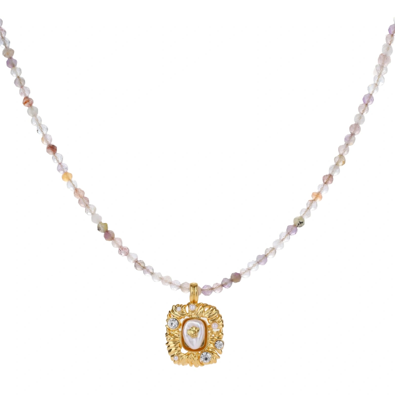 Ornate gold-plated pendant necklace with multicolored gemstone beads in purple, pink and clear tones on white background