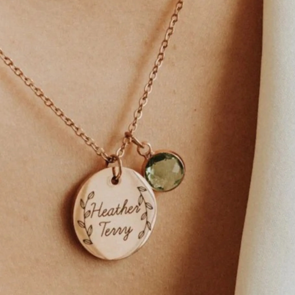 Personalized Birthstone Disc Necklace with Engraved Name