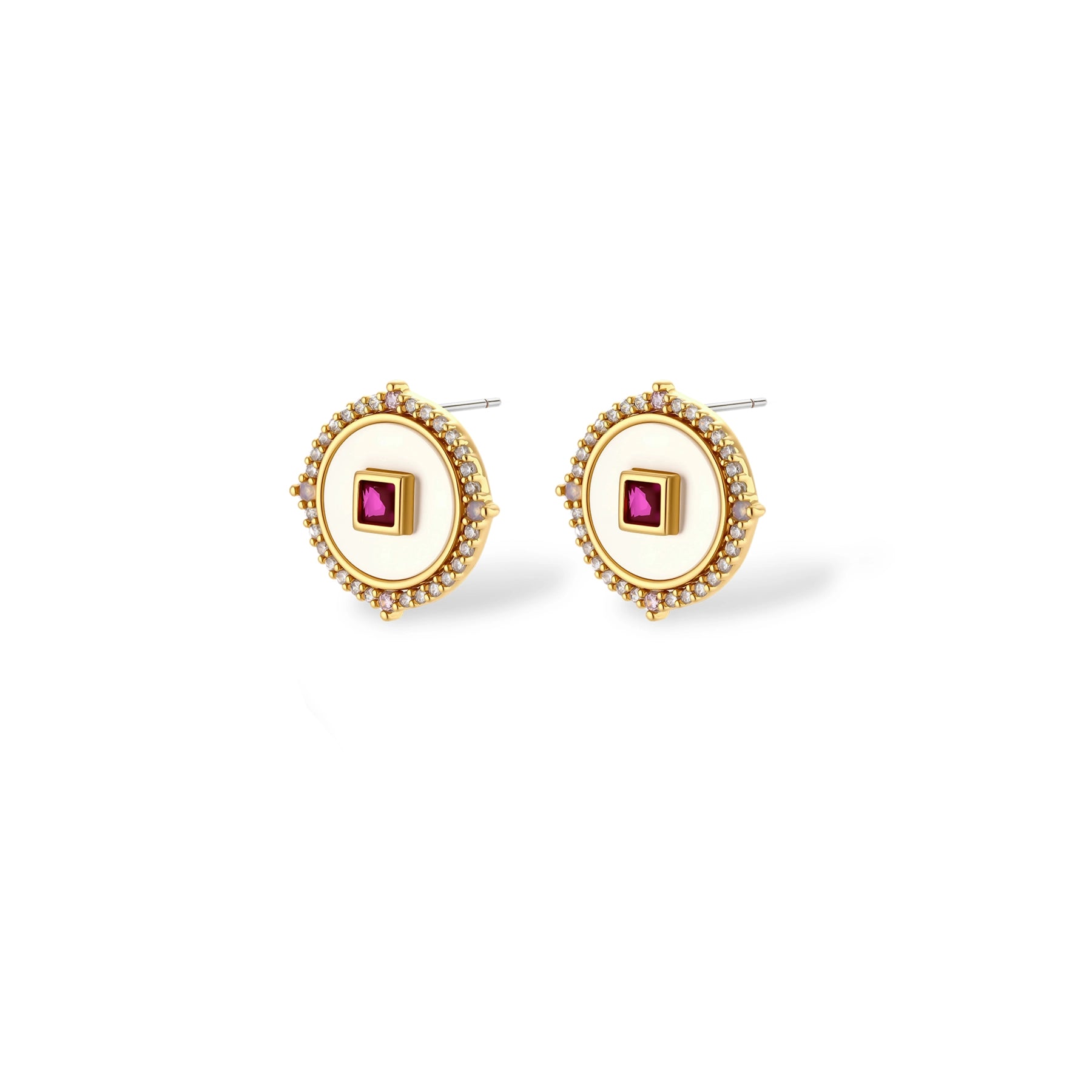 Gold-plated circular medallion necklace set with white enamel base and pink cubic zirconia accent stones