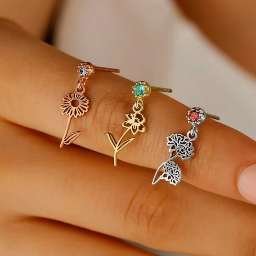 Birth Flower & Birthstone Drop Earrings