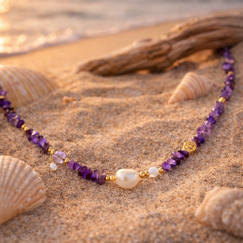 Authentic Amethyst. Pearl  and Sterling Silver Necklace