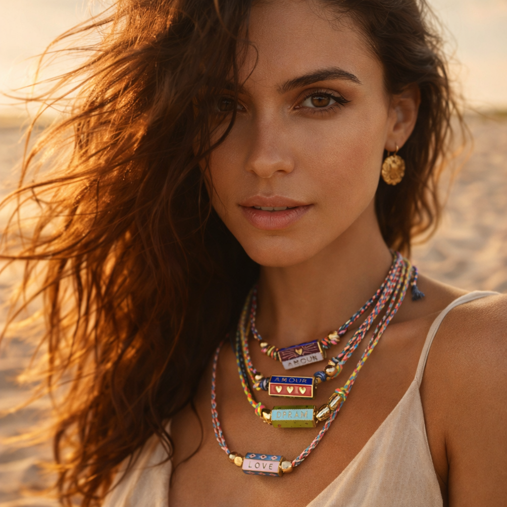 Boho Colorful Love Pendant Necklace and Bracelet