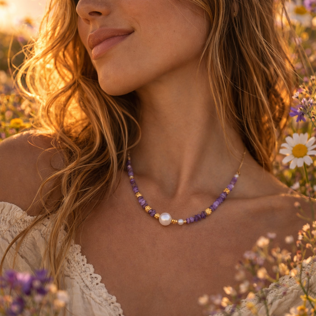 Authentic Amethyst. Pearl  and Sterling Silver Necklace